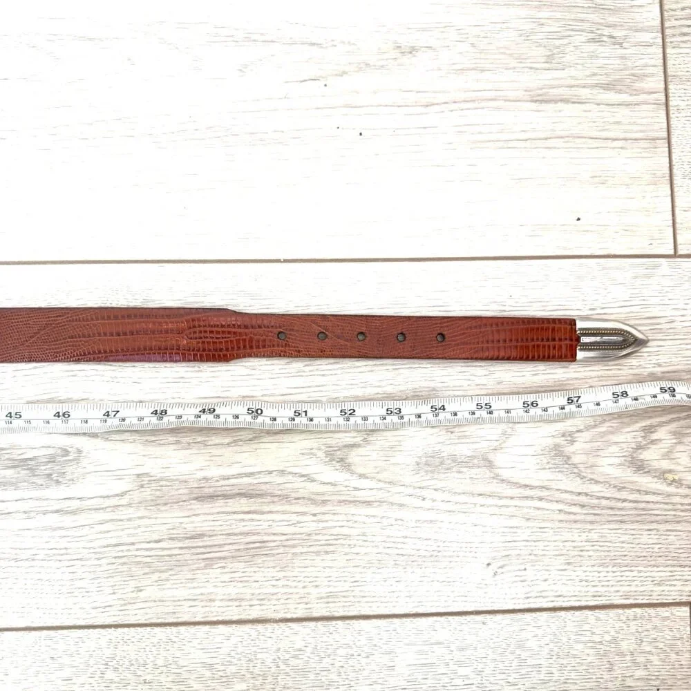 Tulliani Men's Dress Belt Cognac Brown Italian Calfskin Leather Lizard Embossed